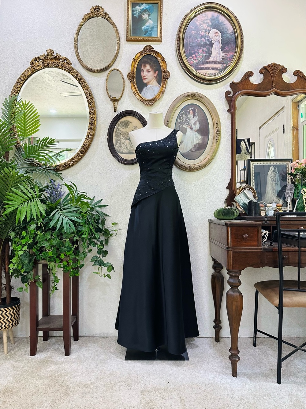 Morgan & Co. Black One-Shoulder Beaded Maxi Dress